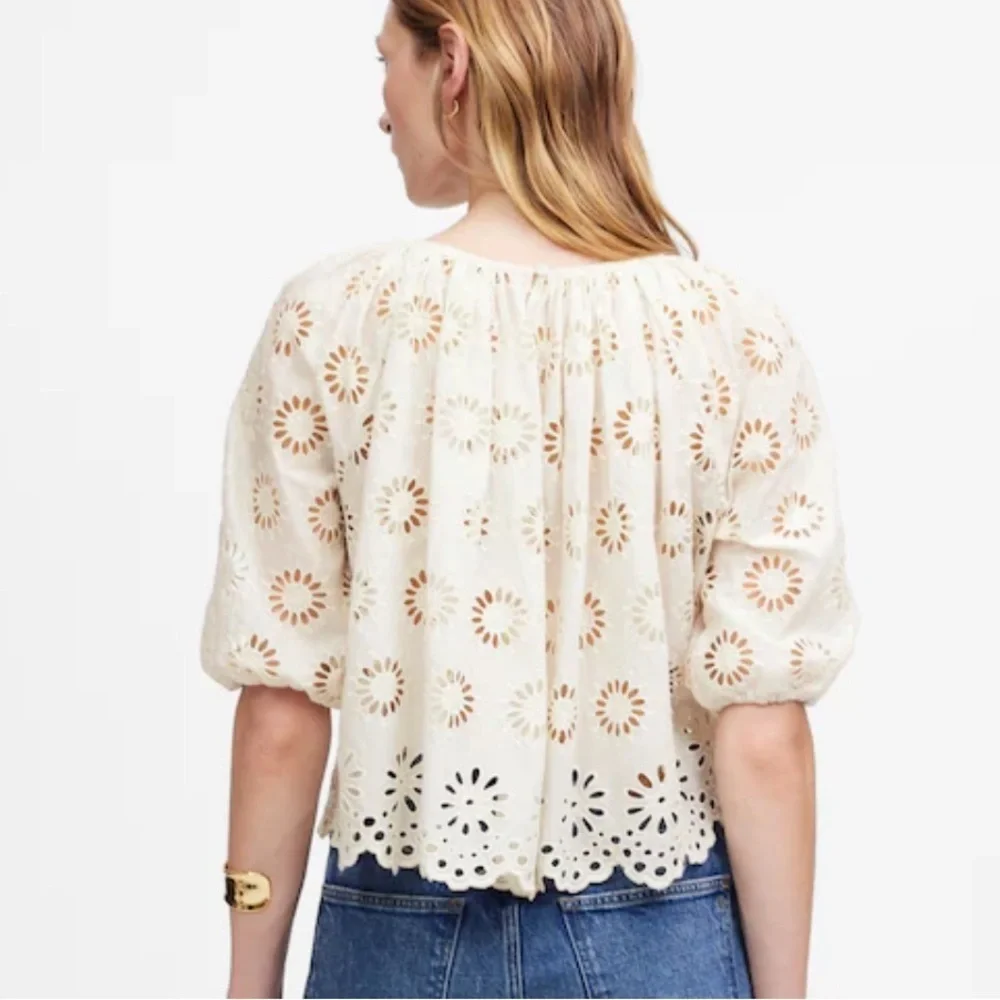 Madewell Embroidered Shirred Puff-Sleeve Top Floral Eyelet